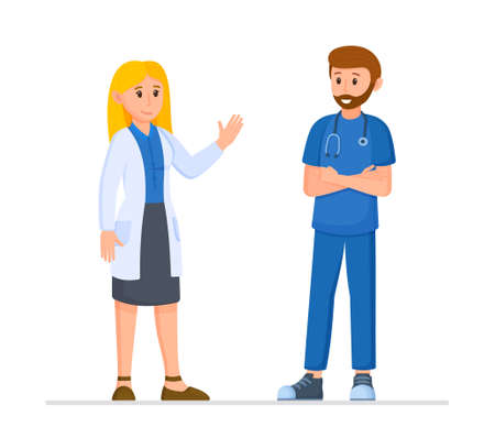 The concept of health care and health insurance. Vector flat illustration medical meeting. Two doctors getting ready to go to an interview.のイラスト素材