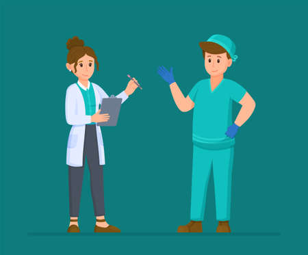 Vector illustration of medical interview. Two isolated doctors on a turquoise background. Two doctors talking about how to work next.のイラスト素材