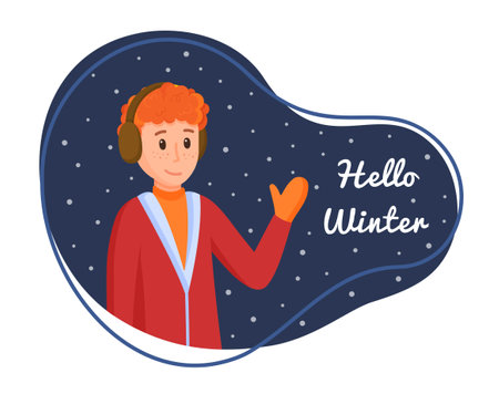 Vector illustration of a man isolated on a white and blue background. Concept hello winter. Snowfall. Snow, New Year, Christmas, Entertainment.のイラスト素材