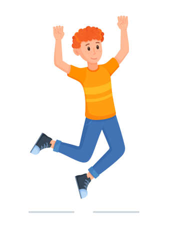 Vector illustration of a character jumping for joy and waving his arms. A young guy clenches his fists with the feeling of victory. Active pose of a man.のイラスト素材