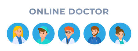 Vector illustration of an online medical consultation. Avatars of doctors for online medical exams. Pandemic. Restrictions due to coronavirus.のイラスト素材