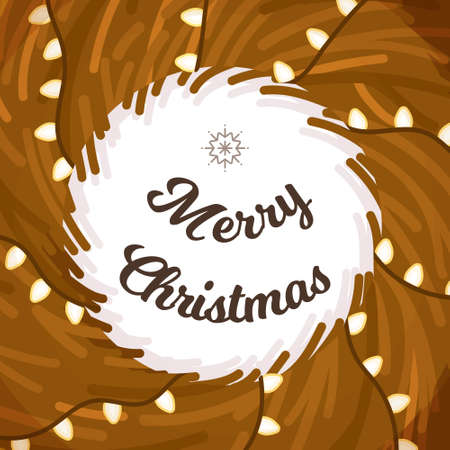 Vector illustration of the New Year's Eve post. Beautiful winter post with wreath in lights. Concept of a brown wreath with twigs.のイラスト素材