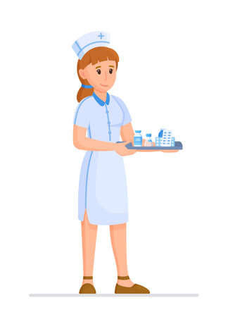 Vector illustration of a nurse isolated on a white background. Portrait of a young nurse with medicine in her hands. Nurse worker in uniform.のイラスト素材