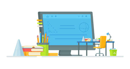 Homeschooling. Vector illustration of online classes. Doing your homework without parental help.のイラスト素材