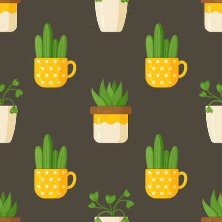 Vector illustration of pattern plants. Cacti and indoor plants isolated on a brown background. Beautiful green plants.のイラスト素材