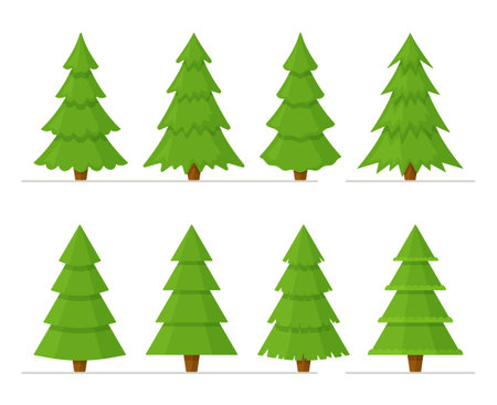 Vector illustration of a set of green Christmas trees isolated on a white background. Fresh green trees. Winter atmosphere.のイラスト素材