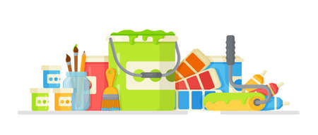 Vector illustration of the artist's concept. Standard drawing set. Artist's studio concept with flat drawing tools and artist's symbols. Lots of different paints for drawing and construction.のイラスト素材