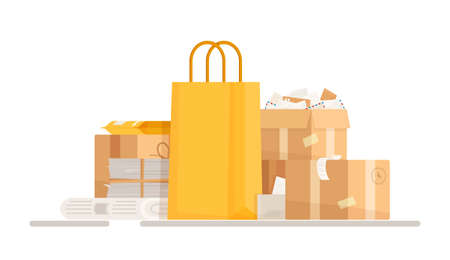 Vector illustration of a pile of boxes with documents, papers and checks. Collection of unnecessary trash for removal. Cleaning an office or school office.のイラスト素材