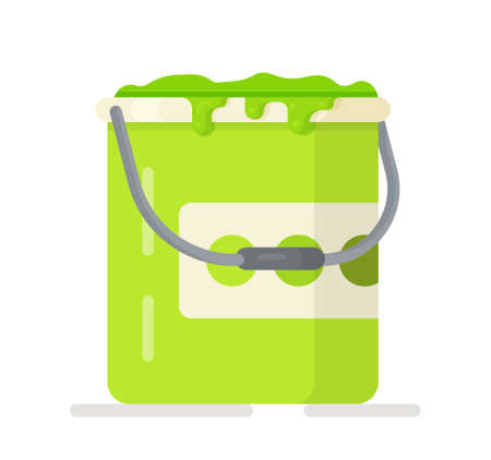 Vector illustration of an isolated green paint bucket on a white background. Design of a paint bucket for repairs. Home renovation. Painting walls or ceiling.のイラスト素材