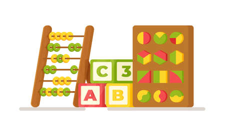 Vector illustration of preschool toys. Concept with educational toys for children. Bills, cubes, puzzles, figuresのイラスト素材