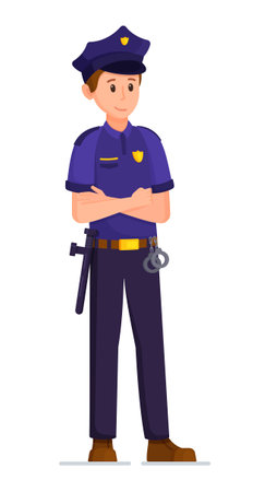 Vector illustration of policeman isolated on white background. A man in a police uniform and weapon. Outfit. Calling for a crime.のイラスト素材