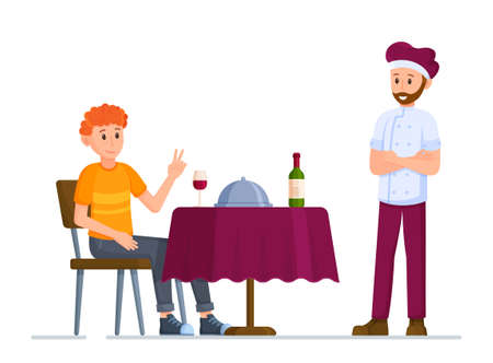 Vector illustration of piceola revision. Dinner at a restaurant after a hard day's work. Pete wine. Dinner in a restaurant. Calling a chef to a customer. Ordering.のイラスト素材