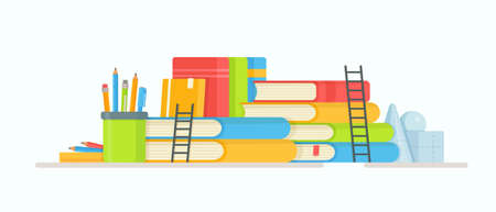 Reading books. Vector illustration of preparing for exams. Doing homework. Lessons online.のイラスト素材