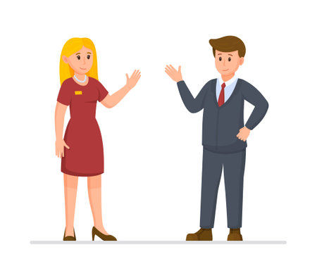 Vector illustration of restaurant bosses. The owner of the restaurant came to check on his restaurant. The boss and the restaurant manager are standing and talking.のイラスト素材