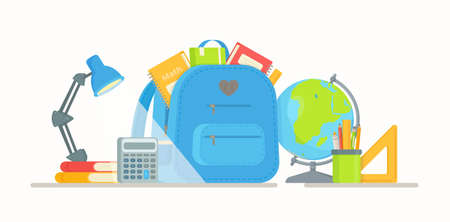 Backpacking for school. Vector illustration back to school. Time to study. Doing homework at the desk.のイラスト素材