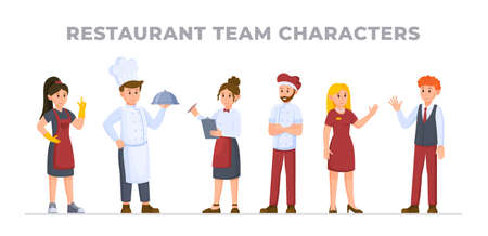 Vector illustration of restaurant staff. Restaurant team of cooks and waiters, managers and baristas. Restaurant staff staff characters.のイラスト素材