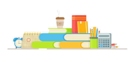 Every student's workplace.Doing your homework. Vector illustration of packing a backpack for school. Back to school.のイラスト素材