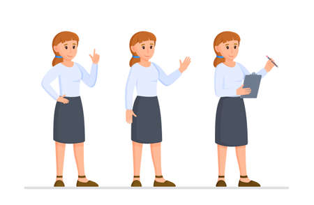 Vector illustration of a business lady set. One girl in different poses. Concept of a modern business woman.のイラスト素材