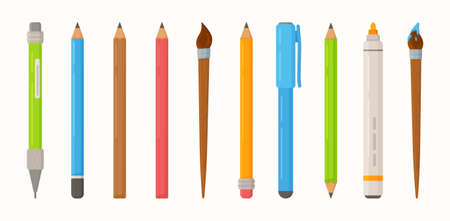 Vector illustration of a set of school pens and pencils. School Stationery. Basic set for pencil case, pen, pencil, marker, lead.のイラスト素材