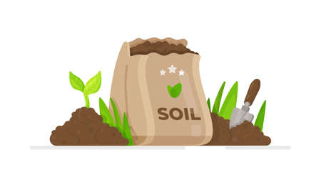 Vector garden plant, symbol of ecology. Bag of soil. Symbol of development, organic agriculture, natural products. The concept of recycling.のイラスト素材