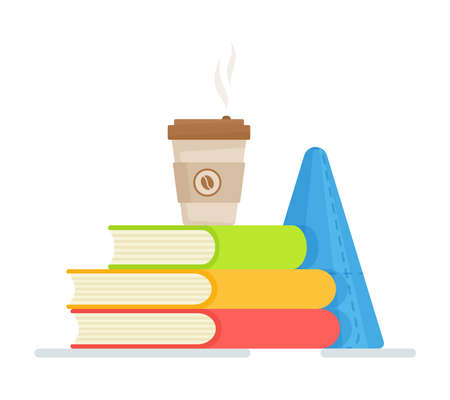 Vector illustration of school book concept with coffee and cone. Geometry books. Repetition of homework. Reading, education, and knowledge. E-book, literature, encyclopedia. Template for bookstore advertising.のイラスト素材