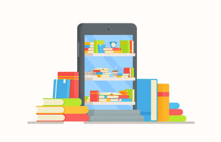 School phone with online books. Vector illustration of reading books. Online handing in a poem.のイラスト素材