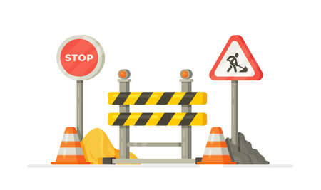 Vector illustration of site construction. Devices for different construction work and road repair. A collection of construction signs.のイラスト素材