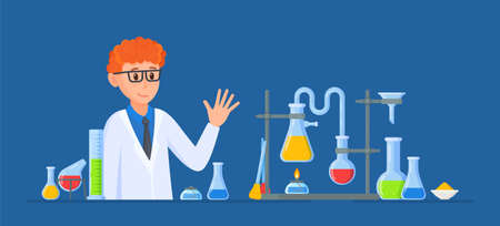 Vector illustration of scientist experiments. A human scientist in a laboratory. A scientist conducting an experiment in a laboratory.のイラスト素材
