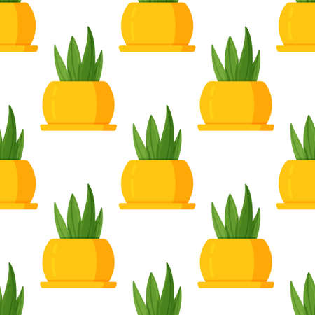 Vector illustration of succulent pattern on white background. Print of a houseplant in a bright yellow glossy vase. Beautiful room vase as decor.のイラスト素材