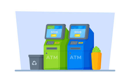 Vector illustration of stationary terminal. Web graphics, banners, ads, brochures, business templates. two isolated on white background terminals for cash withdrawal, card recharge, mobile recharge.のイラスト素材