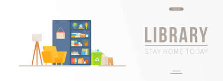 Vector illustration of moving into a new home. Gathering all the things in boxes and bags. Closet, lamp, flower. Site for ordering the service of buying a new house or apartment.のイラスト素材