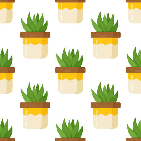 Vector illustration of succulent pattern on white background. Print of a houseplant in a bright yellow glossy vase. Beautiful room vase as decor.のイラスト素材