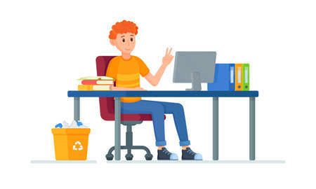 Vector illustration of a student sitting at his desk for a class. Online education, distance learning during a pandemic. Welcomes a teacher during an online lesson during an epidemic.のイラスト素材
