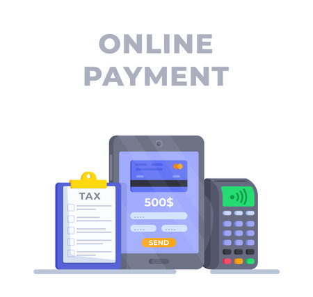 Vector illustration of tablet tax. Electronic service for taxpayers to pay individual taxes, the convenience of electronic payments. Pay. Concept with phone, terminal, tax list.のイラスト素材