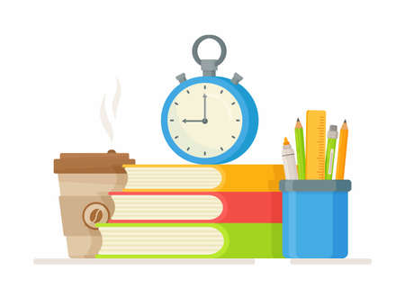 Vector illustration of a school concept. School books, coffee glass, clock, pens. Flat design of school supplies. Back to school. School stuff.のイラスト素材