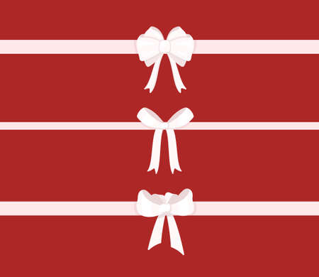 Vector illustration of bow set. White bows isolated on red background. Gift wrapping gifts for the new year. Three different, beautiful bows.のイラスト素材