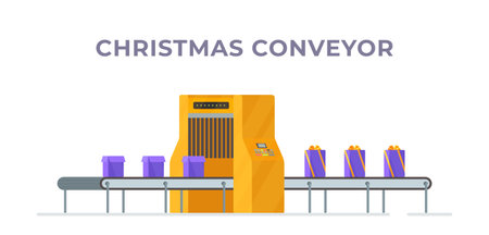 The vector illustration of christmas conveyor. Machine for assembling presents at work. Yellow ribbon wrapped around purple boxes.のイラスト素材