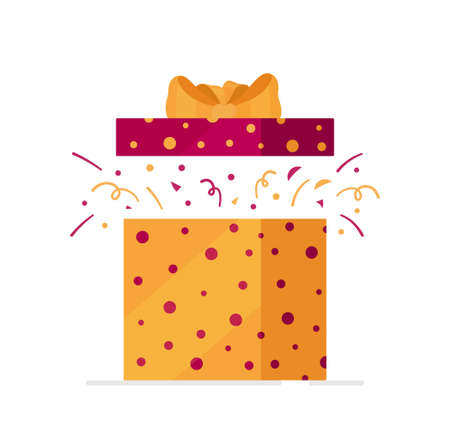 Vector illustration of confetti box. Yellow-pink gift box with open lid isolated on white background. Beautiful yellow bow. Mottled. Gifts for Christmas.のイラスト素材