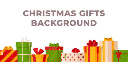 Vector illustration of christmas gifts background. Preparing gifts for the new year. Greetings. Beautiful banner of colorful gifts. Gift boxes.のイラスト素材