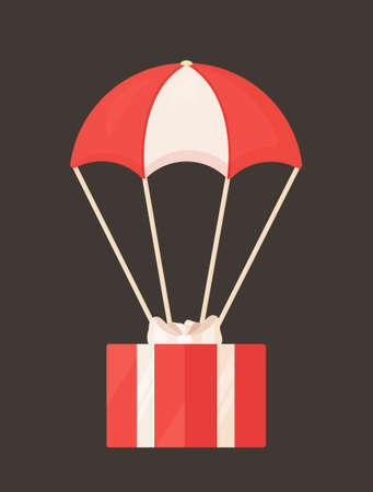 Vector illustration of gift parachute. The picture is isolated on a brown background. A white and red gift box is attached to a parachute.のイラスト素材