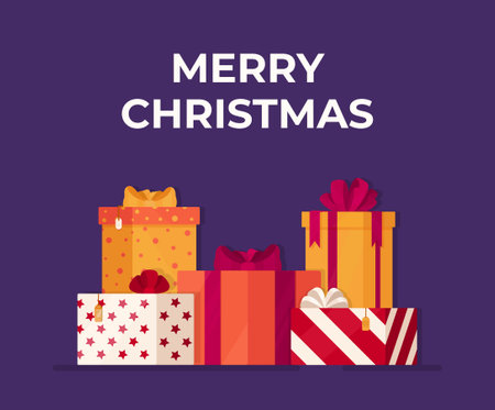 Vector illustration of a set of gifts on a purple background. Drawing with beautiful Christmas boxes. Merry Christmas.のイラスト素材