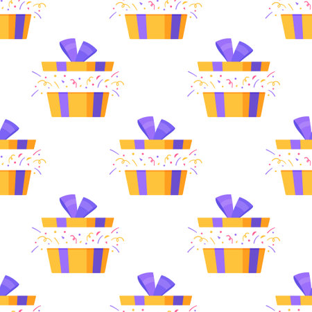 Vector illustration of box confetti pattern. Yellow and blue boxes with open lids isolated on white background. Gift wrapping paper. Seamless drawing of gifts for the New Year. 2022のイラスト素材