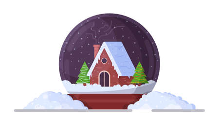 Vector illustration of snow globe. Isolated on a white background snow globe with a house inside. Beautiful snow-covered volumetric snow globeのイラスト素材