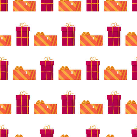Vector illustration of the present pattern. Packing paper design. Seamless drawing of Christmas gifts. Red and yellow boxes.のイラスト素材