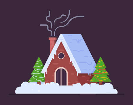 Vector illustration of winter house. Christmas card background poster. Concept of Christmas snow-covered snow-covered house isolated on purple background.のイラスト素材