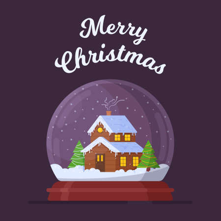 Vector illustration of merry christmas. Snow globe with a house inside is isolated on purple background. Postcard for New Year or Christmas.のイラスト素材