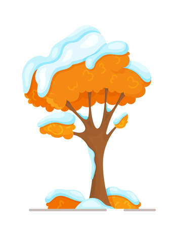 Vector illustration of a winter tree. Tree with golden leaves covered with snow. Tree isolated on white background for banners, concepts and posters.のイラスト素材