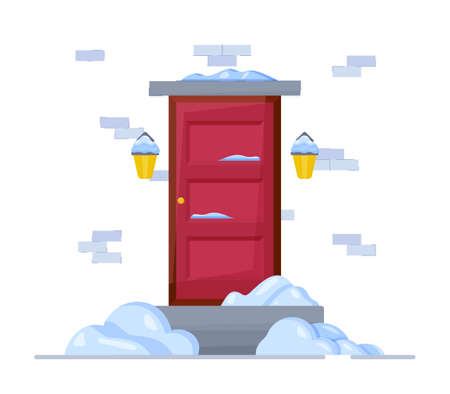 Vector illustration of a winter door. Pink door all covered with snow insulated on white background. For banners, concepts and sets. Concept of the first snow.のイラスト素材