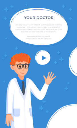 Vector illustration doctor flyer. A man in a bathrobe standing and waving his hand. Doctor with experience. Concept of doctor's questionnaire. Need a family doctor.のイラスト素材