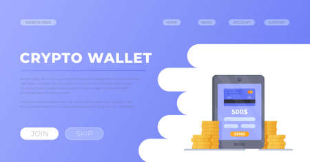 Vector illustration of crypto tablet. The concept of banking. Bank card in the phone. 500 dollars in the account. Crypto earnings.のイラスト素材